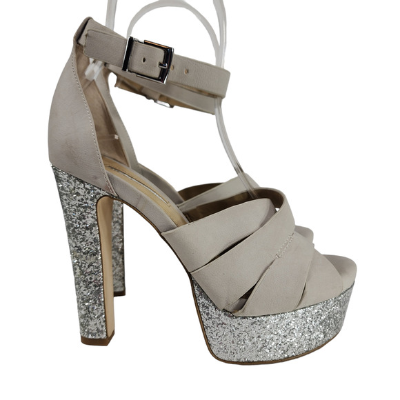 BCBG Womens Platform Sandals sz 6 M Alpine Cream Faux Leather Silver Glitter 5" - Picture 3 of 12